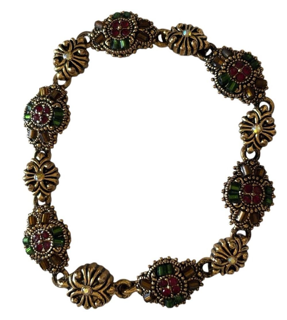 Ornate Silver Tone Link Bracelet Colorful Stones Floral Magnetic Clasp 7.5